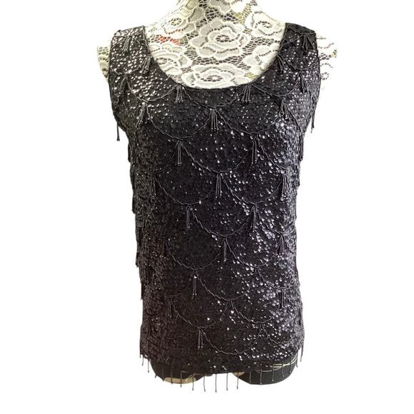 Vintage 100% wool Gimbels 1960s black sequin and beaded fringe cocktail top - Picture 1 of 7